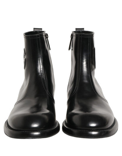 Dolce & Gabbana Black Leather Embossed Logo Ankle Boots Shoes