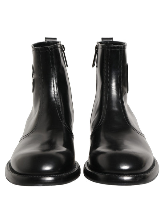 Dolce & Gabbana Black Leather Embossed Logo Ankle Boots Shoes