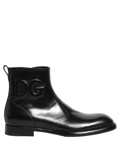 Dolce & Gabbana Black Leather Embossed Logo Ankle Boots Shoes