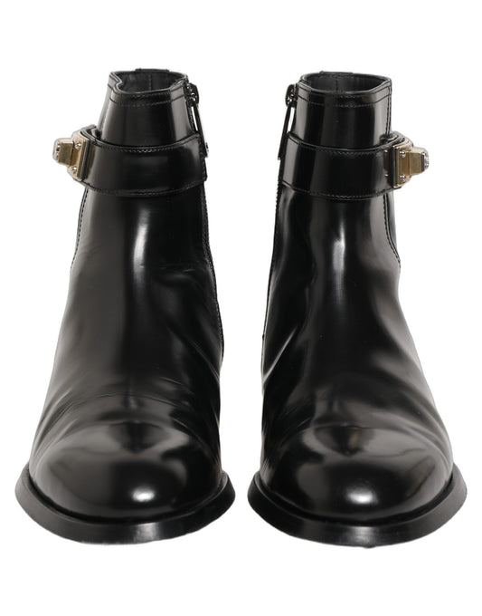 Dolce & Gabbana Black Leather Logo Buckle Mid Calf Boots Shoes