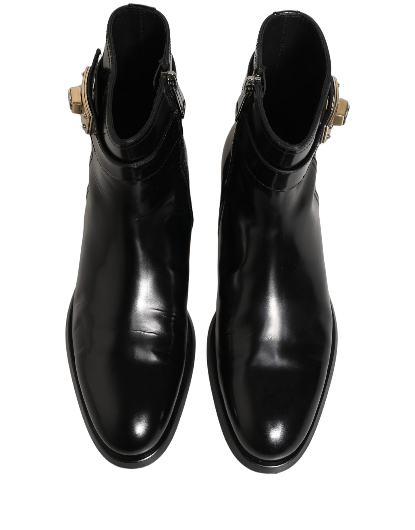 Dolce & Gabbana Black Leather Logo Buckle Mid Calf Boots Shoes