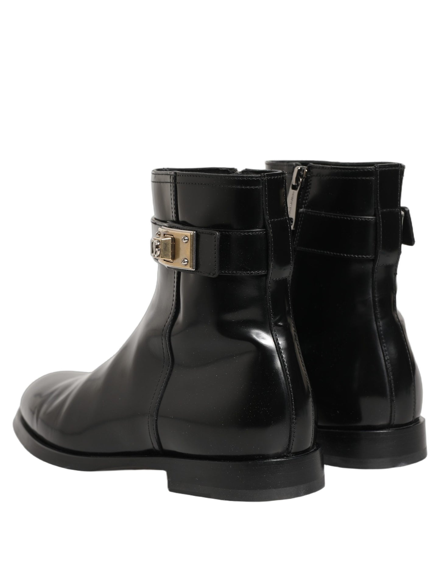 Dolce & Gabbana Black Leather Logo Buckle Mid Calf Boots Shoes