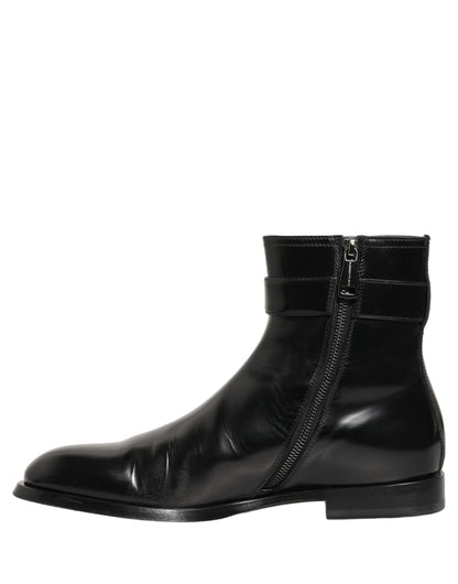 Dolce & Gabbana Black Leather Logo Buckle Mid Calf Boots Shoes