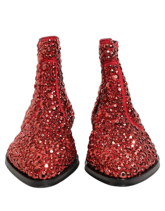 Dolce & Gabbana Red Embellished Chelsea Ankle Boots Shoes