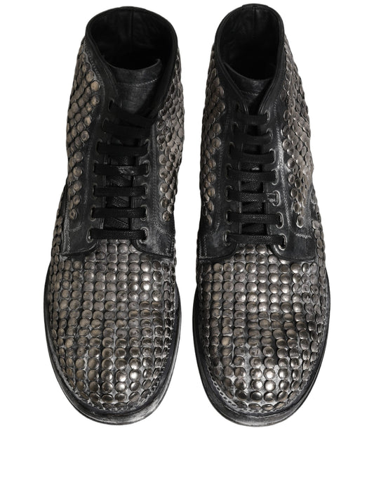 Dolce & Gabbana Black Leather Runway Studs Ankle Boots Shoes
