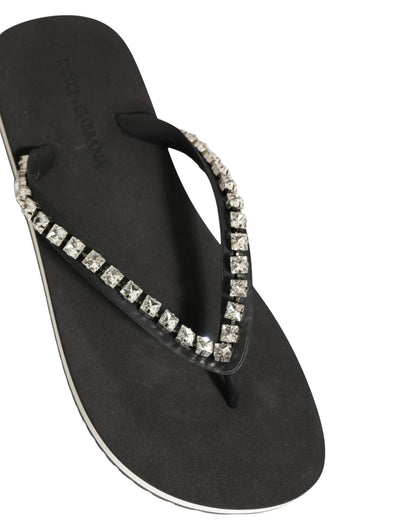 Dolce & Gabbana Black Embellished Rubber Flip Flops Men Shoes
