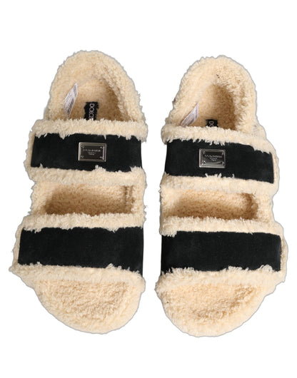 Dolce & Gabbana Beige Black Faux Fur Flats Men Sandals Shoes