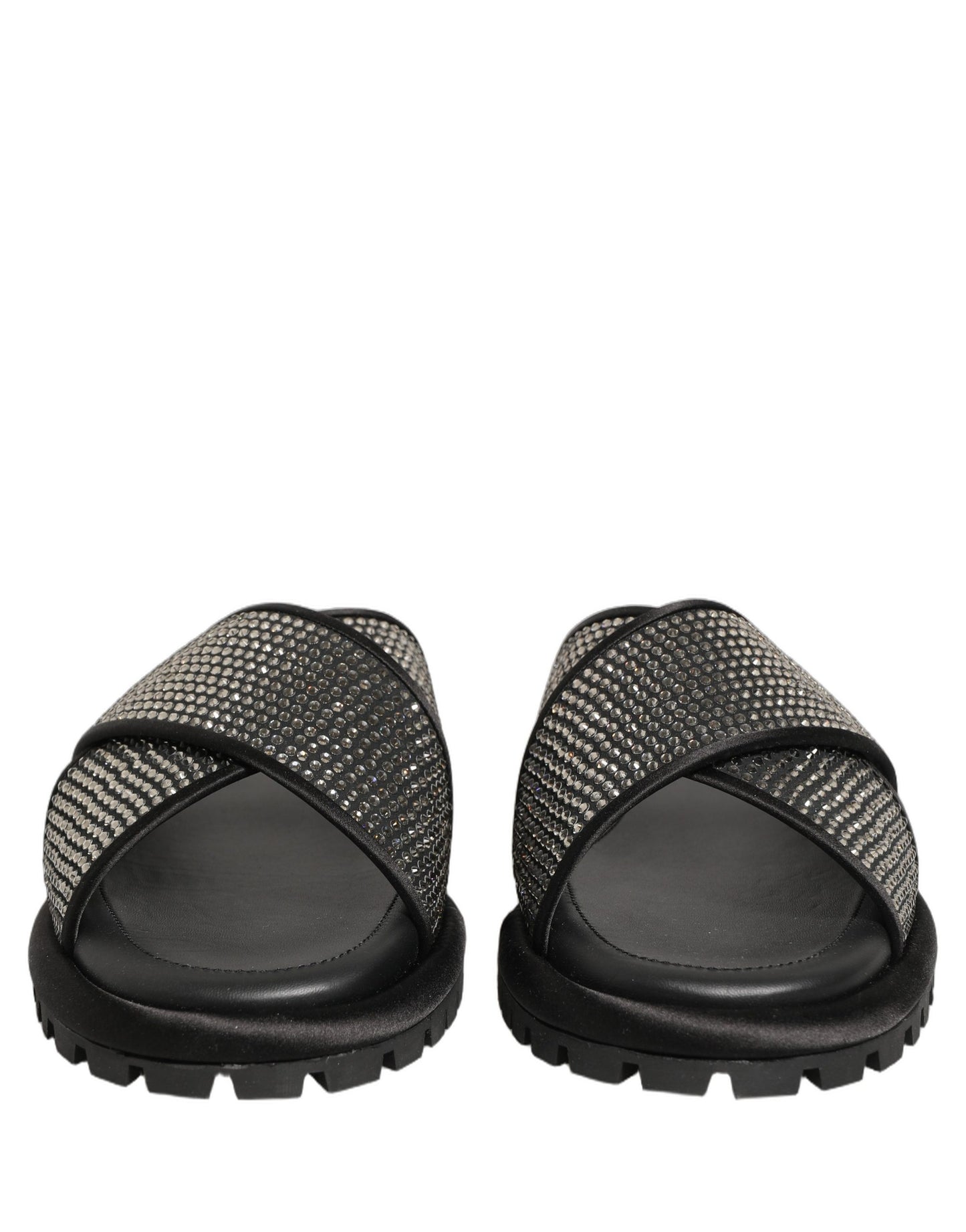 Dolce & Gabbana Black Strass Criss Cross Slide Sandals Shoes