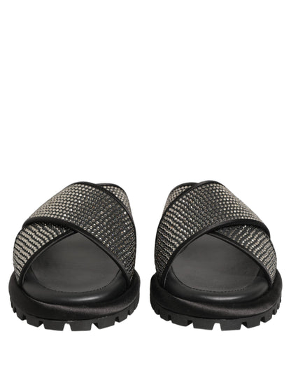 Dolce & Gabbana Black Strass Criss Cross Slide Sandals Shoes