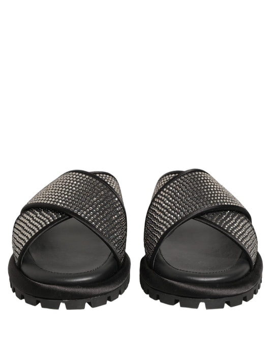 Dolce & Gabbana Black Strass Criss Cross Slide Sandals Shoes