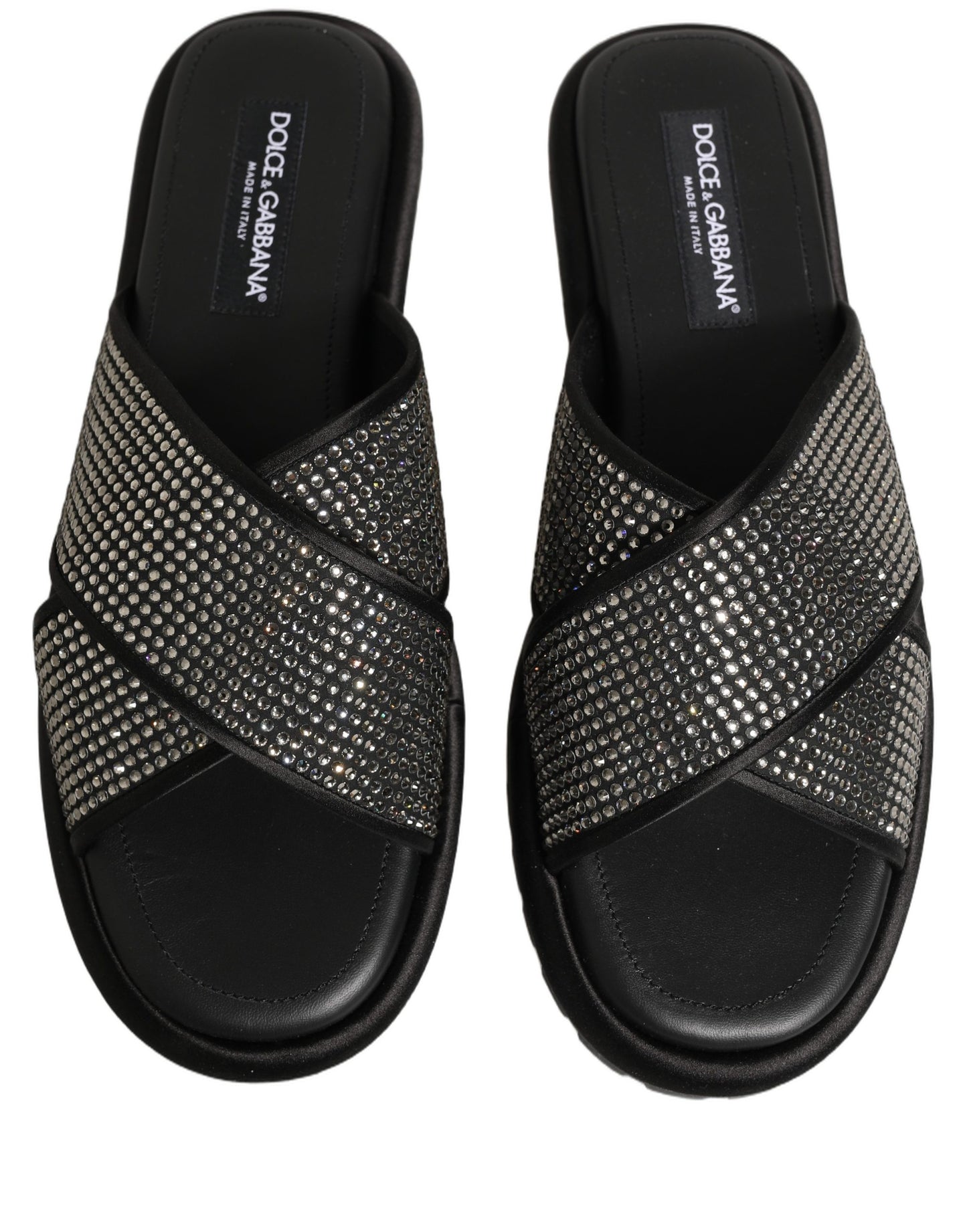 Dolce & Gabbana Black Strass Criss Cross Slide Sandals Shoes