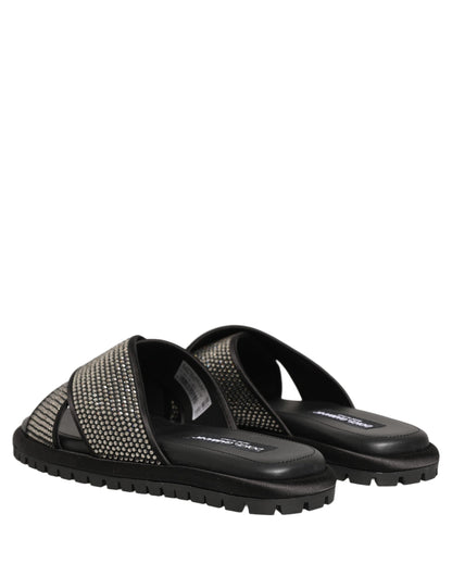 Dolce & Gabbana Black Strass Criss Cross Slide Sandals Shoes
