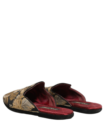 Dolce & Gabbana Black Floral Jacquard Flats Sandals Men Shoes