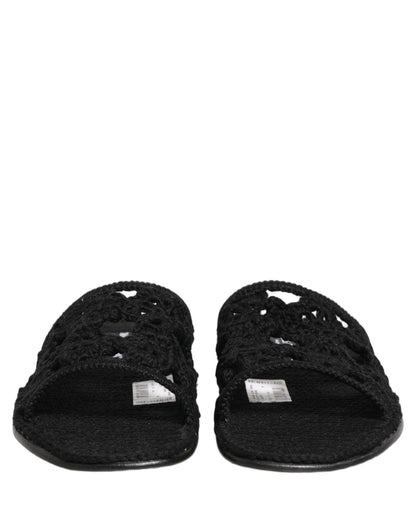 Dolce & Gabbana Black Fabric Woven Slides Sandals Flats Shoes