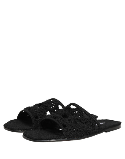 Dolce & Gabbana Black Fabric Woven Slides Sandals Flats Shoes