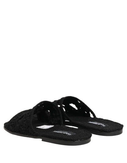 Dolce & Gabbana Black Fabric Woven Slides Sandals Flats Shoes