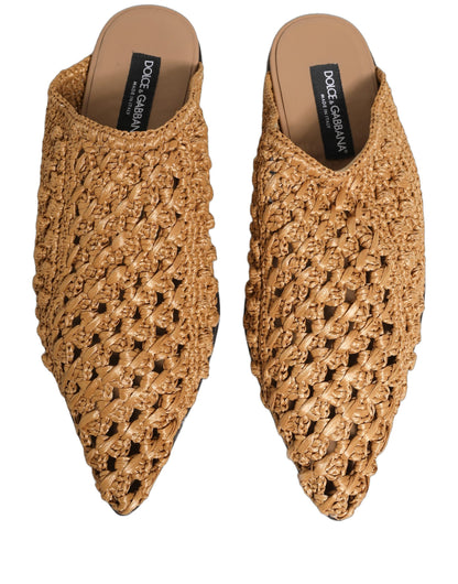 Dolce & Gabbana Beige Woven Straw Slides Sandals Flats Shoes