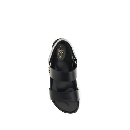 Valentino Garavani Black Calf Leather Bos Taurus Flat Sandals