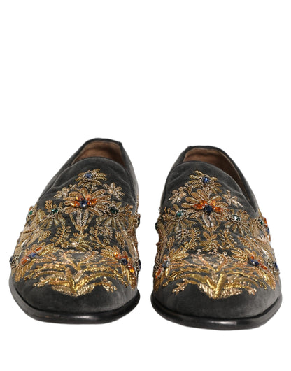 Dolce & Gabbana Black Velvet Embellished Dress Loafers Shoes