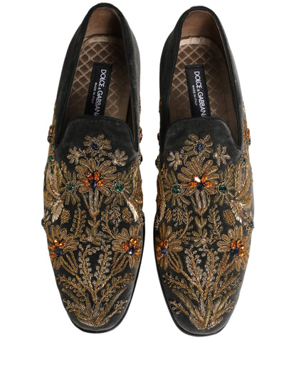 Dolce & Gabbana Black Velvet Embellished Dress Loafers Shoes