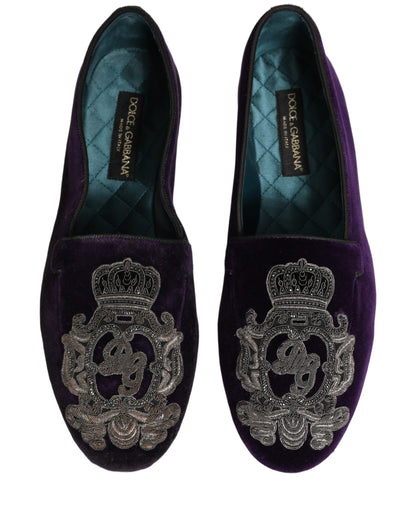 Dolce & Gabbana Purple Velvet Crown Embroidery Loafers Shoes