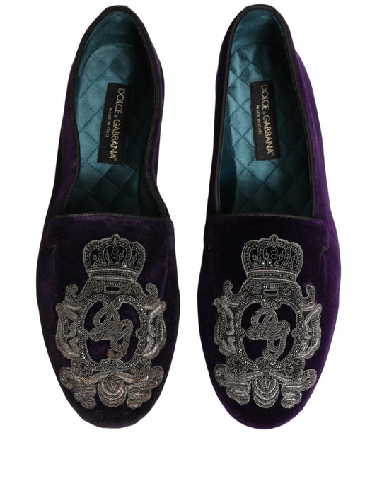 Dolce & Gabbana Purple Velvet Crown Embroidery Loafers Shoes