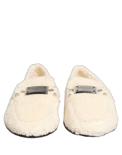 Dolce & Gabbana White Fur Shearling Men Dress Loafers Shoes