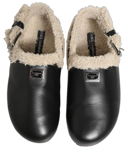 Dolce & Gabbana Beige Black Fur Shearling Slides Sandals Shoes