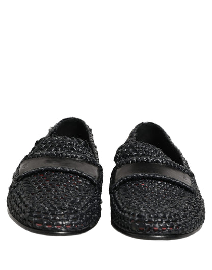 Dolce & Gabbana Black Woven Raffia Slip On Loafers Shoes