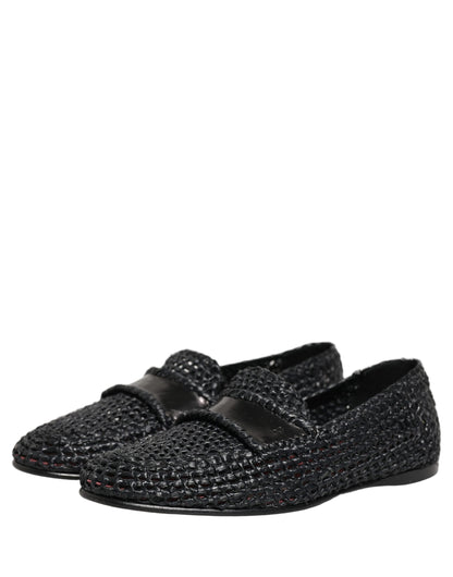 Dolce & Gabbana Black Woven Raffia Slip On Loafers Shoes