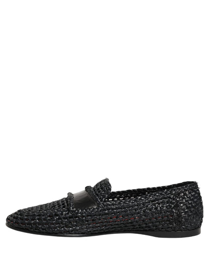 Dolce & Gabbana Black Woven Raffia Slip On Loafers Shoes