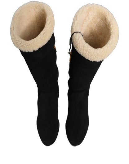 Dolce & Gabbana Black Suede Leather Knee High Boots Shoes