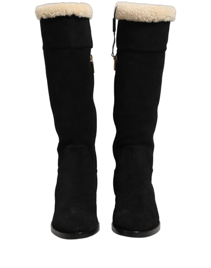 Dolce & Gabbana Black Suede Leather Knee High Boots Shoes