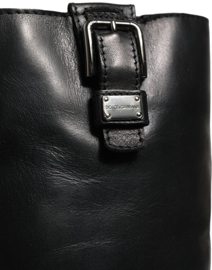 Dolce & Gabbana Black Leather Buckle Detail Mid Calf Boots Shoes