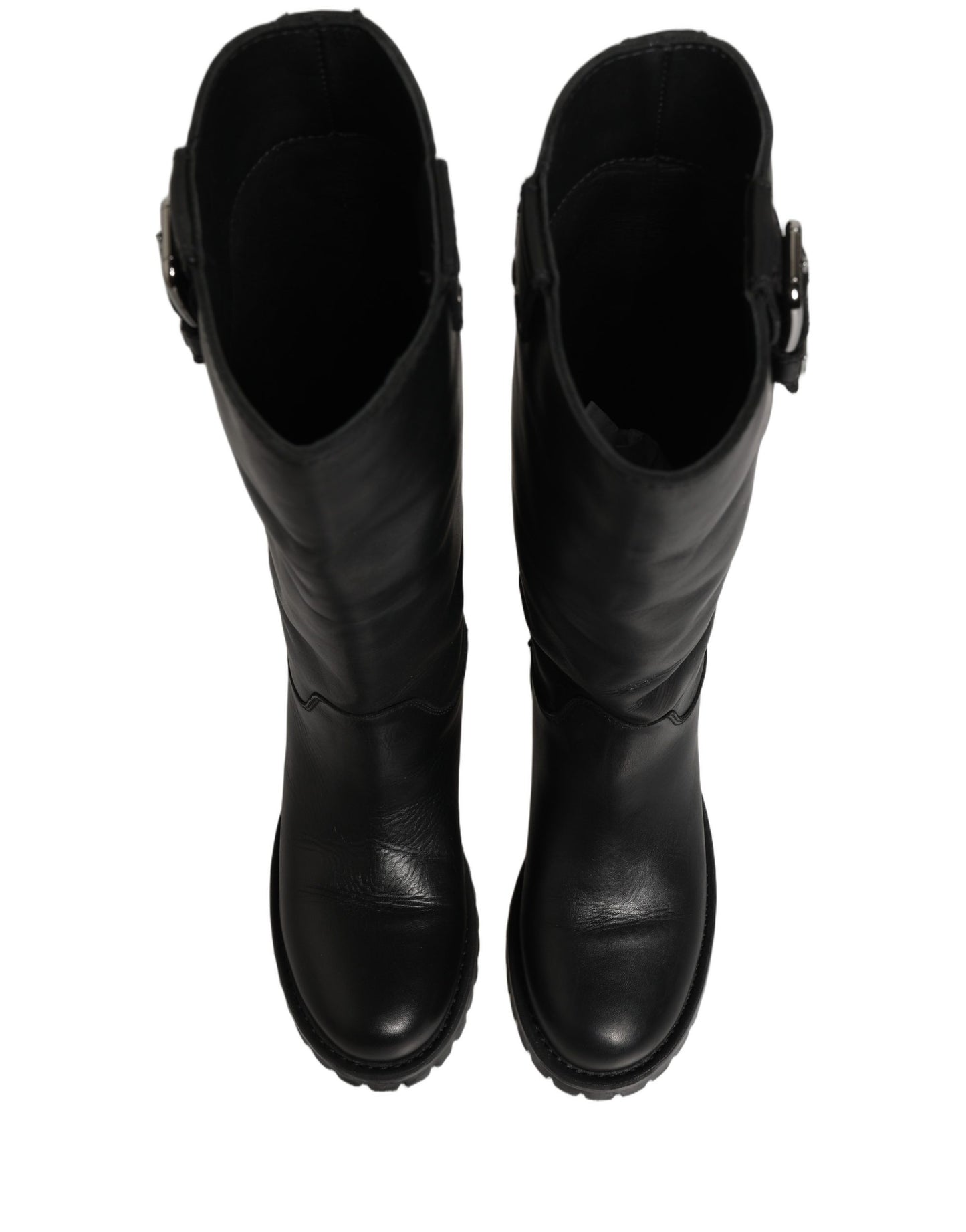 Dolce & Gabbana Black Leather Buckle Detail Mid Calf Boots Shoes