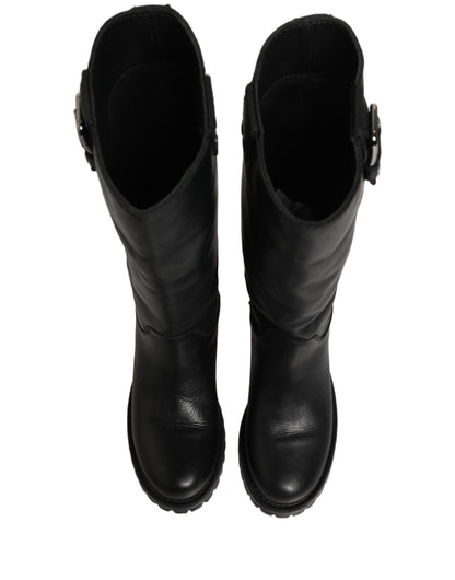 Dolce & Gabbana Black Leather Buckle Detail Mid Calf Boots Shoes