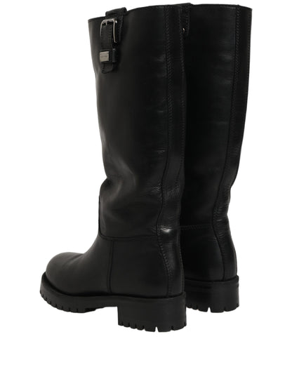 Dolce & Gabbana Black Leather Buckle Detail Mid Calf Boots Shoes