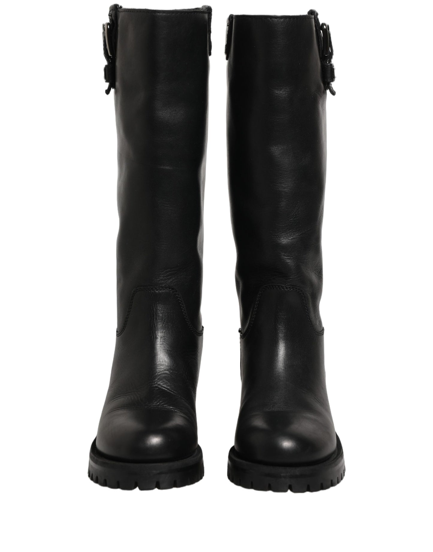 Dolce & Gabbana Black Leather Buckle Detail Mid Calf Boots Shoes