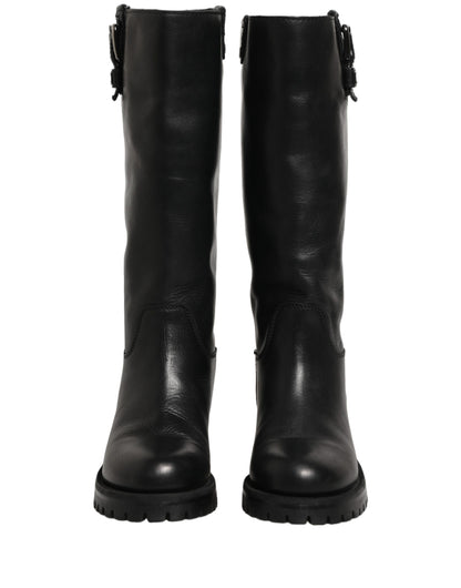 Dolce & Gabbana Black Leather Buckle Detail Mid Calf Boots Shoes