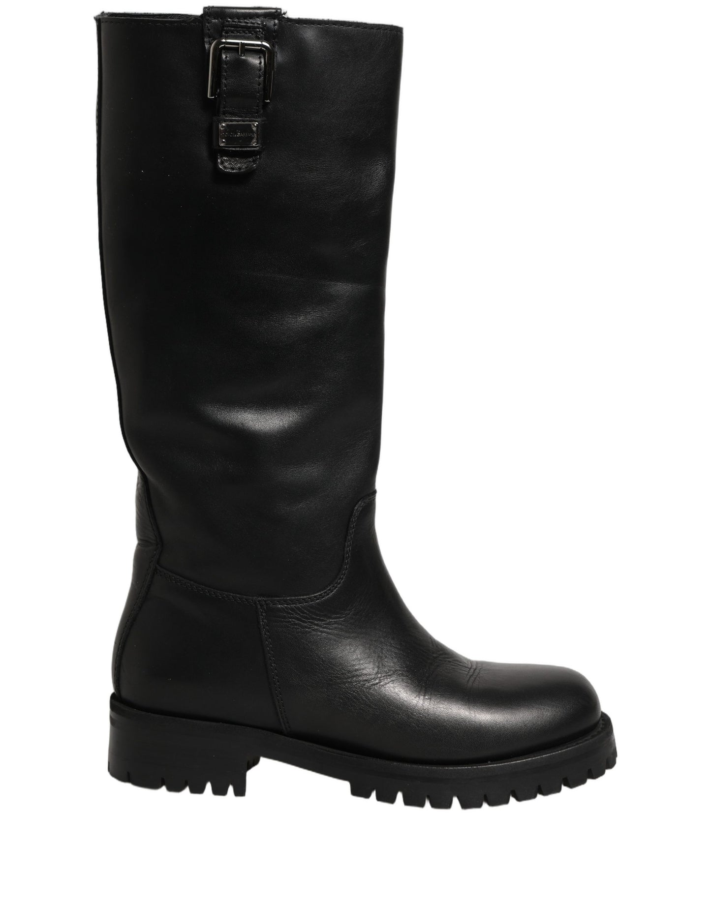 Dolce & Gabbana Black Leather Buckle Detail Mid Calf Boots Shoes