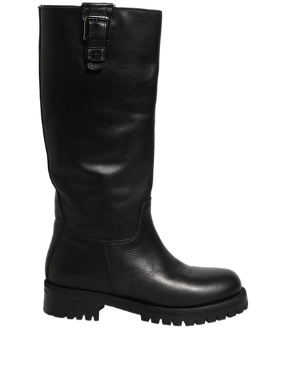 Dolce & Gabbana Black Leather Buckle Detail Mid Calf Boots Shoes