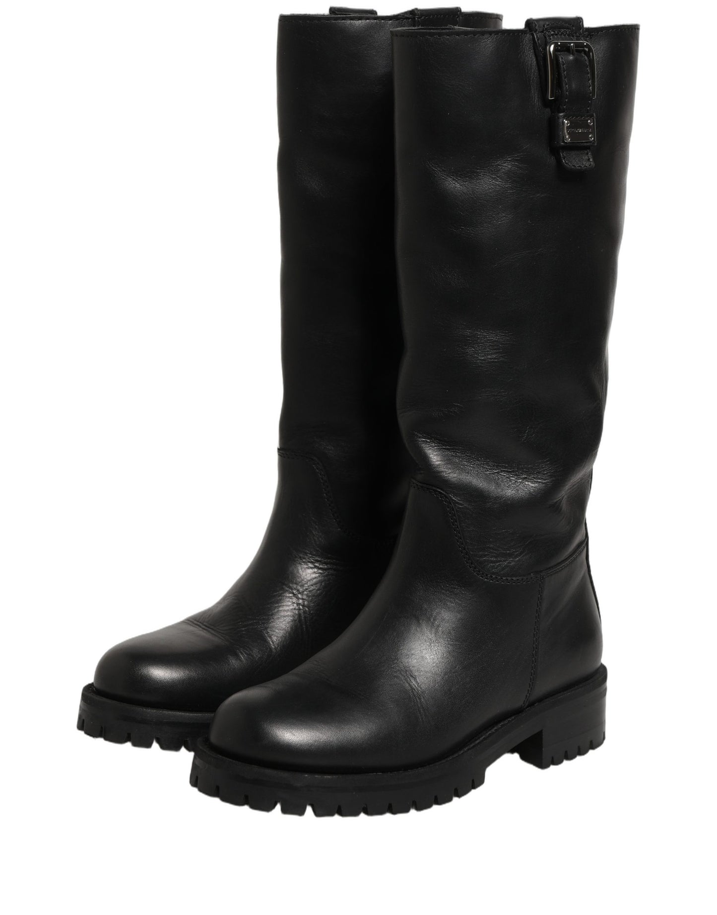 Dolce & Gabbana Black Leather Buckle Detail Mid Calf Boots Shoes