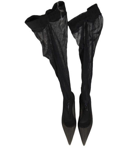 Dolce & Gabbana Black Over The Knee Tulle Flats Boots Shoes