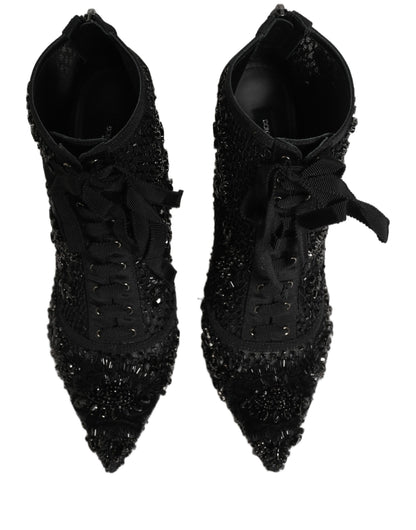 Dolce & Gabbana Black Embellished Mesh Ankle Boots Shoes