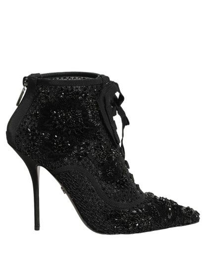 Dolce & Gabbana Black Embellished Mesh Ankle Boots Shoes