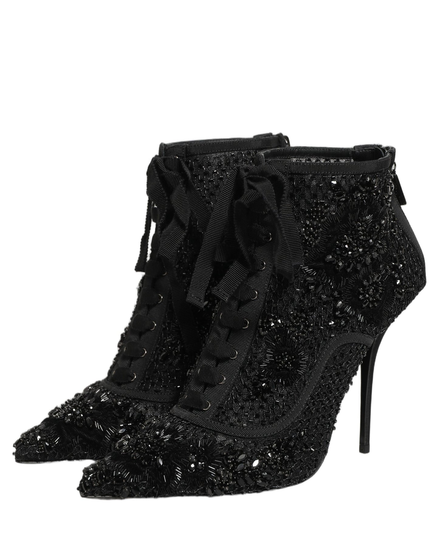 Dolce & Gabbana Black Embellished Mesh Ankle Boots Shoes