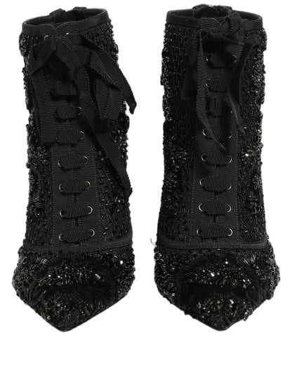 Dolce & Gabbana Black Embellished Mesh Ankle Boots Shoes