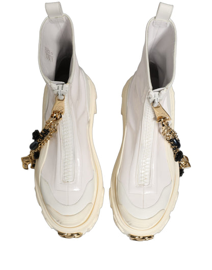 Dolce & Gabbana White Leather Rubber Logo Ankle Boots Shoes