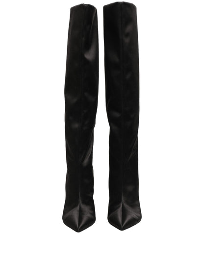 Dolce & Gabbana Black Satin Knee High Stiletto Boots Shoes