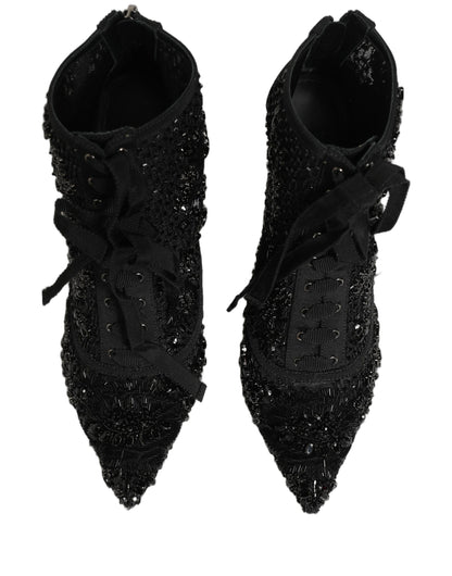 Dolce & Gabbana Black Embellished Mesh Ankle Boots Shoes